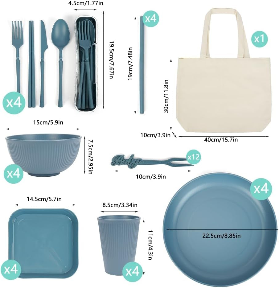 53-teiliges 4-Personen-Campinggeschirr-Set, unzerstörbares 4-Personen-Campinggeschirr, leichtes Kunststoff-Geschirr-Set mit Tragetasche, stapelbare Teller und Schüsseln, BBQ-Garten-Picknick-Geschirr