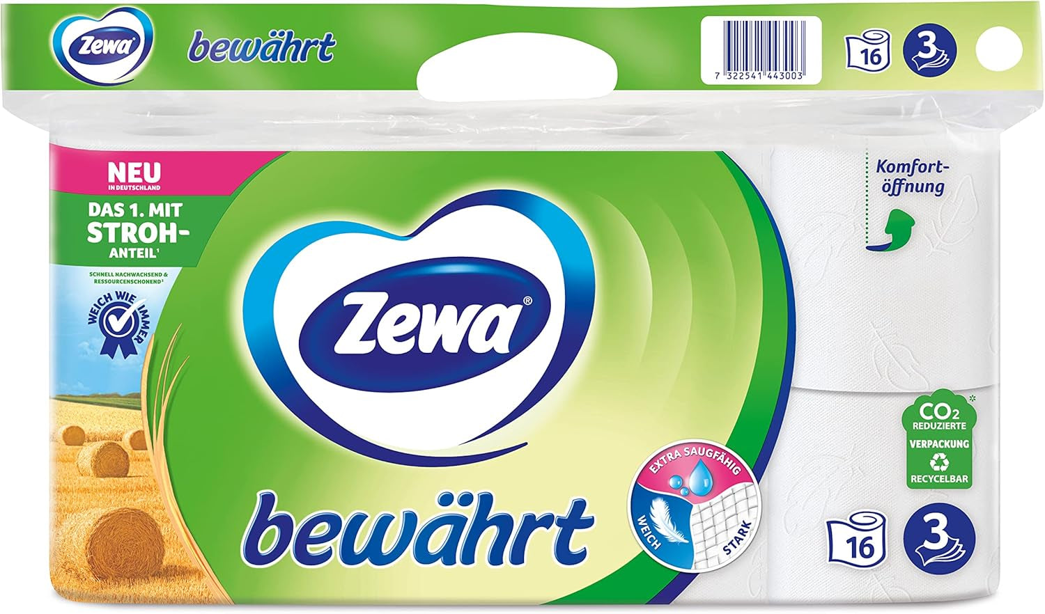 Zewa Proven – 48 Rollen – Das erste Toilettenpapier mit Strohanteil – 3 Schichten