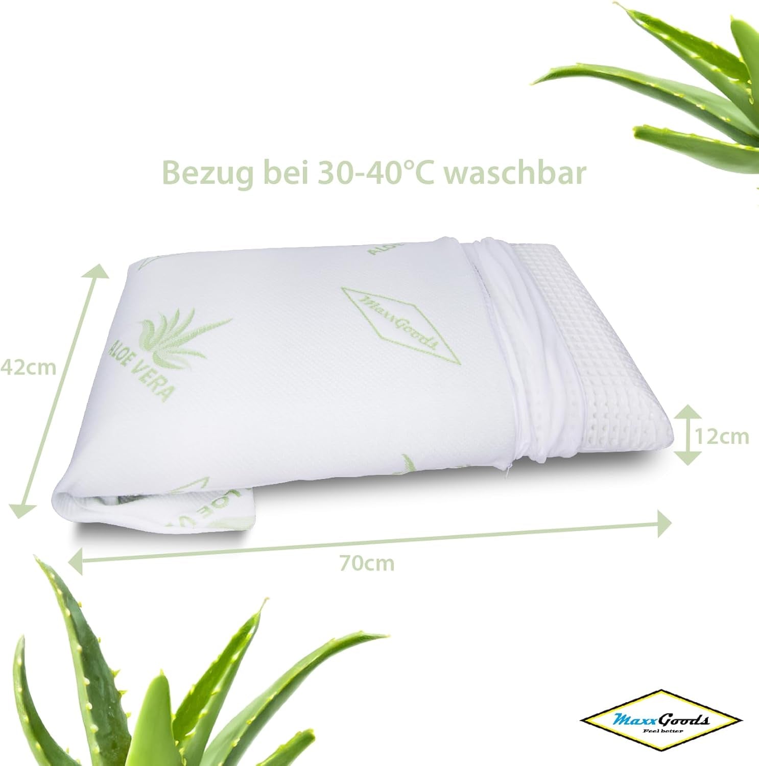 Maxxgoods Orthopädisches Nackenstützkissen aus Visco-Gelschaum mit Aloe-Vera-Schutzbezug und Innenbezug aus 100 % Baumwolle – Kissen für Bauch-, Rücken- und Seitenschläfer (42 cm x 70 cm x 12 cm). Orthopädische Nackenkissen von Naty Shop