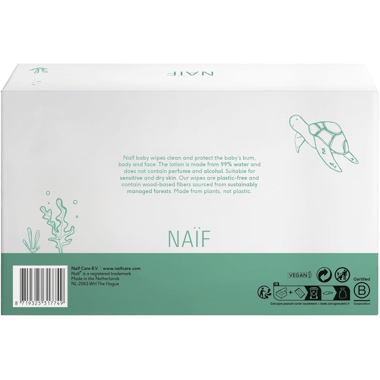 Naïf – Plastikfreie Feuchttücher – 1296 Stück (24 Stück x 54 Feuchttücher) – Babypo-, Körper- und Gesichtspflege – 99 % Wasser – 0 % Duftstoffe und Alkohol