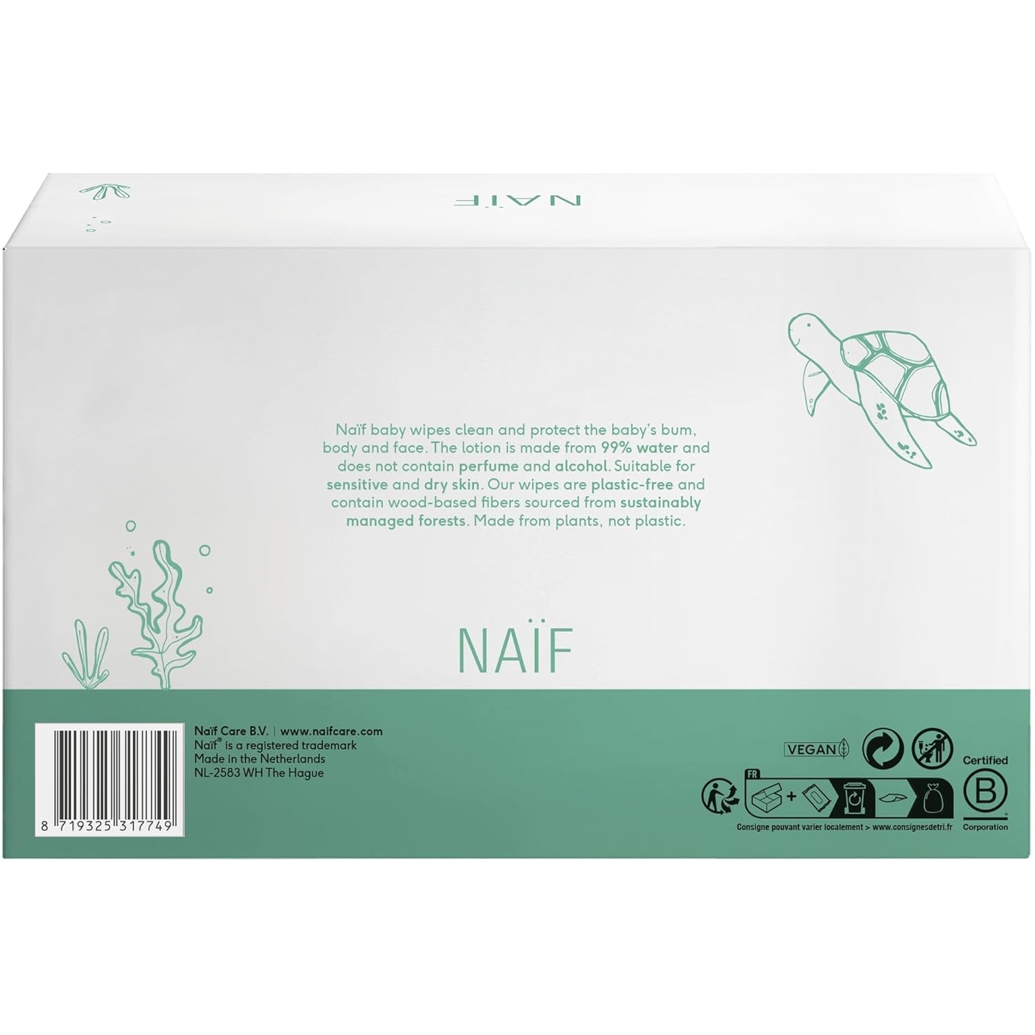 Naïf – Plastikfreie Feuchttücher – 1296 Stück (24 Stück x 54 Feuchttücher) – Babypo-, Körper- und Gesichtspflege – 99 % Wasser – 0 % Duftstoffe und Alkohol