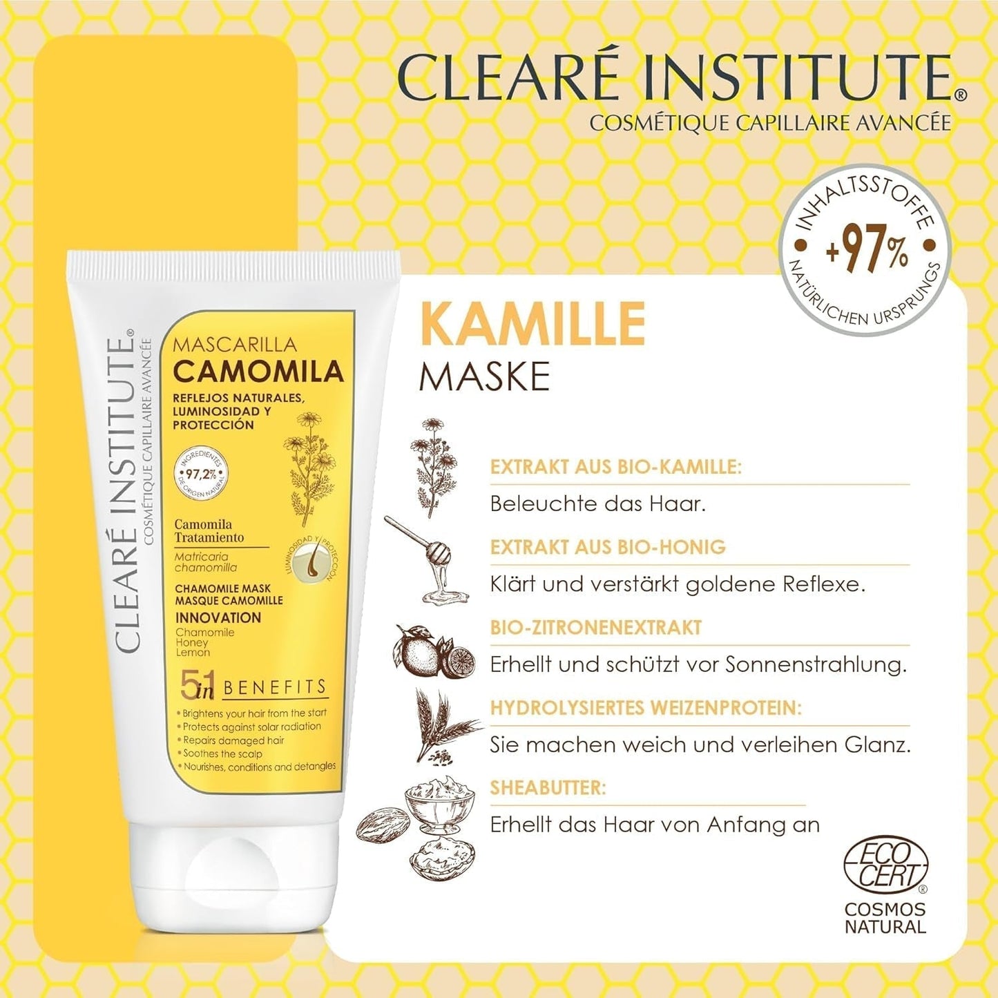 Clearé-Institut | Kamillenmaske | Pflegt, pflegt und entwirrt | Goldener Glanz und Glanz | 97 % natürliche Inhaltsstoffe | Beruhigt die Kopfhaut. Mit Kamillenextrakt | 150 ml Naty Shop Haarmaske