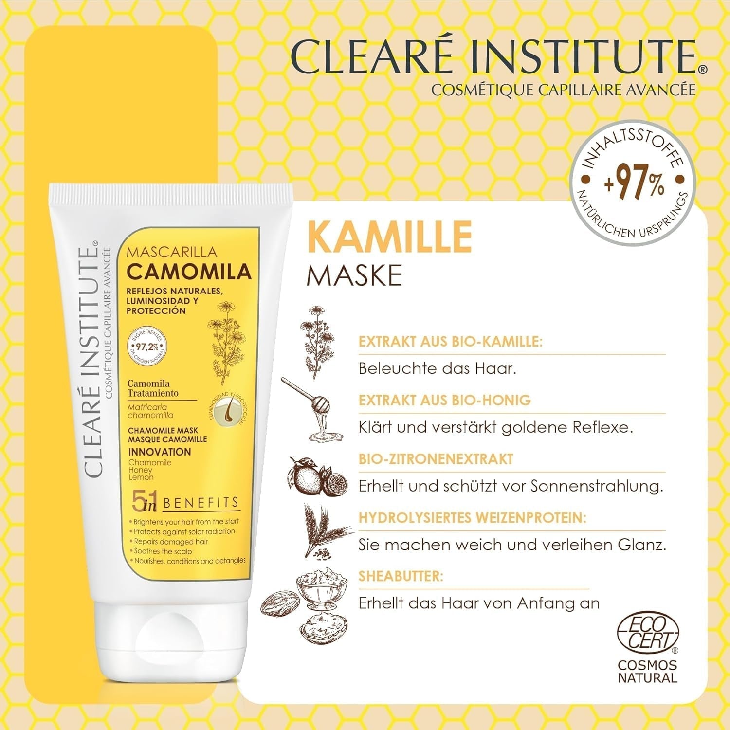 Clearé-Institut | Kamillenmaske | Pflegt, pflegt und entwirrt | Goldener Glanz und Glanz | 97 % natürliche Inhaltsstoffe | Beruhigt die Kopfhaut. Mit Kamillenextrakt | 150 ml Naty Shop Haarmaske