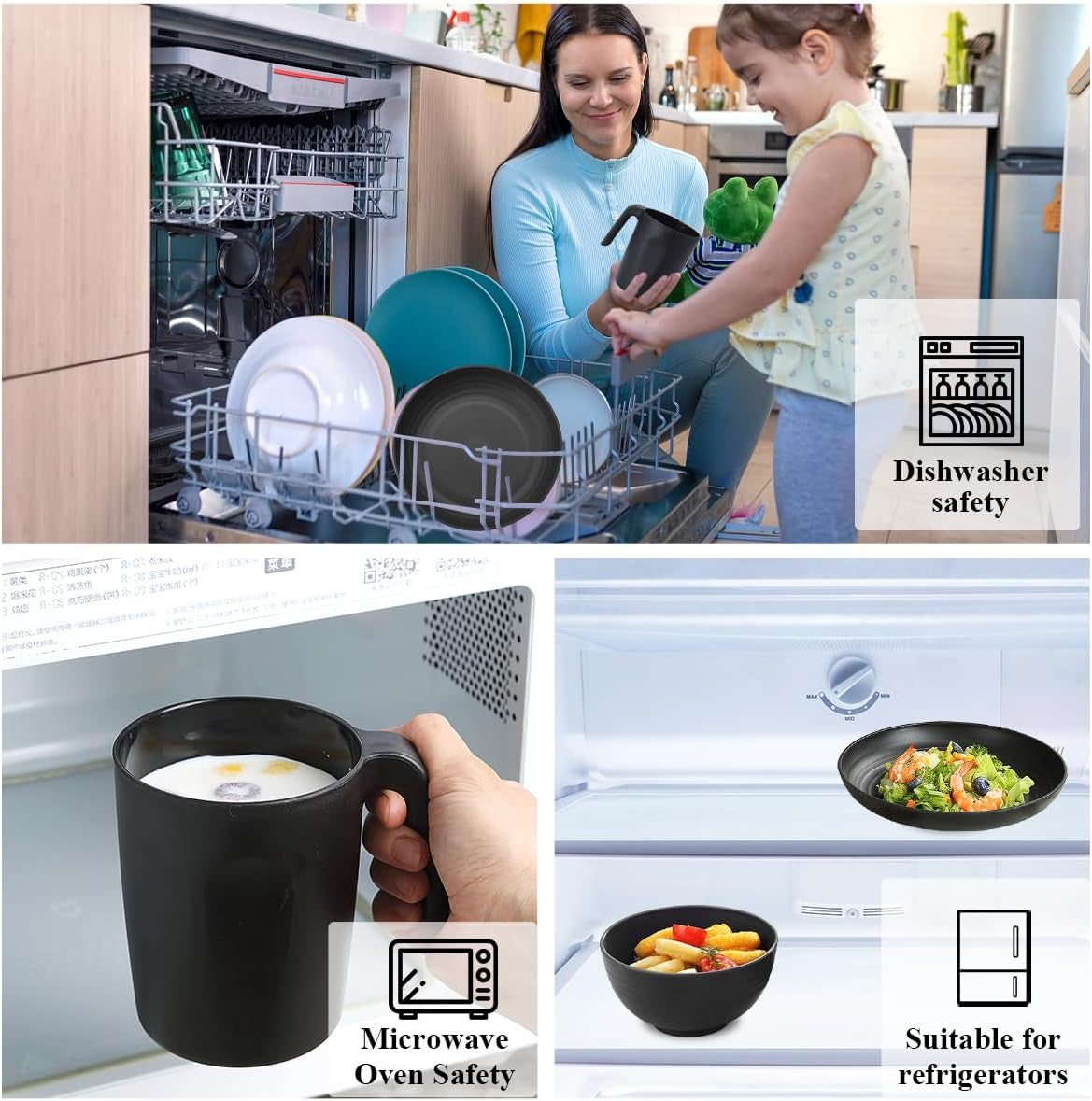 Berglander 24-teiliges Geschirrset aus schwarzem Kunststoff für 6 wiederverwendbare Teller und Schüsseln, einschließlich Speiseteller, Dessertteller, Müslischalen und Tassen für Zuhause, Garten und Picknicks