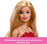 Mattel Rubinrote Blonde Barbie-Party-Modepuppe zum 80. Jubiläum rotes Kleid mit silbernen Schuhen und Halskette, Sammelspielzeug, JGD25