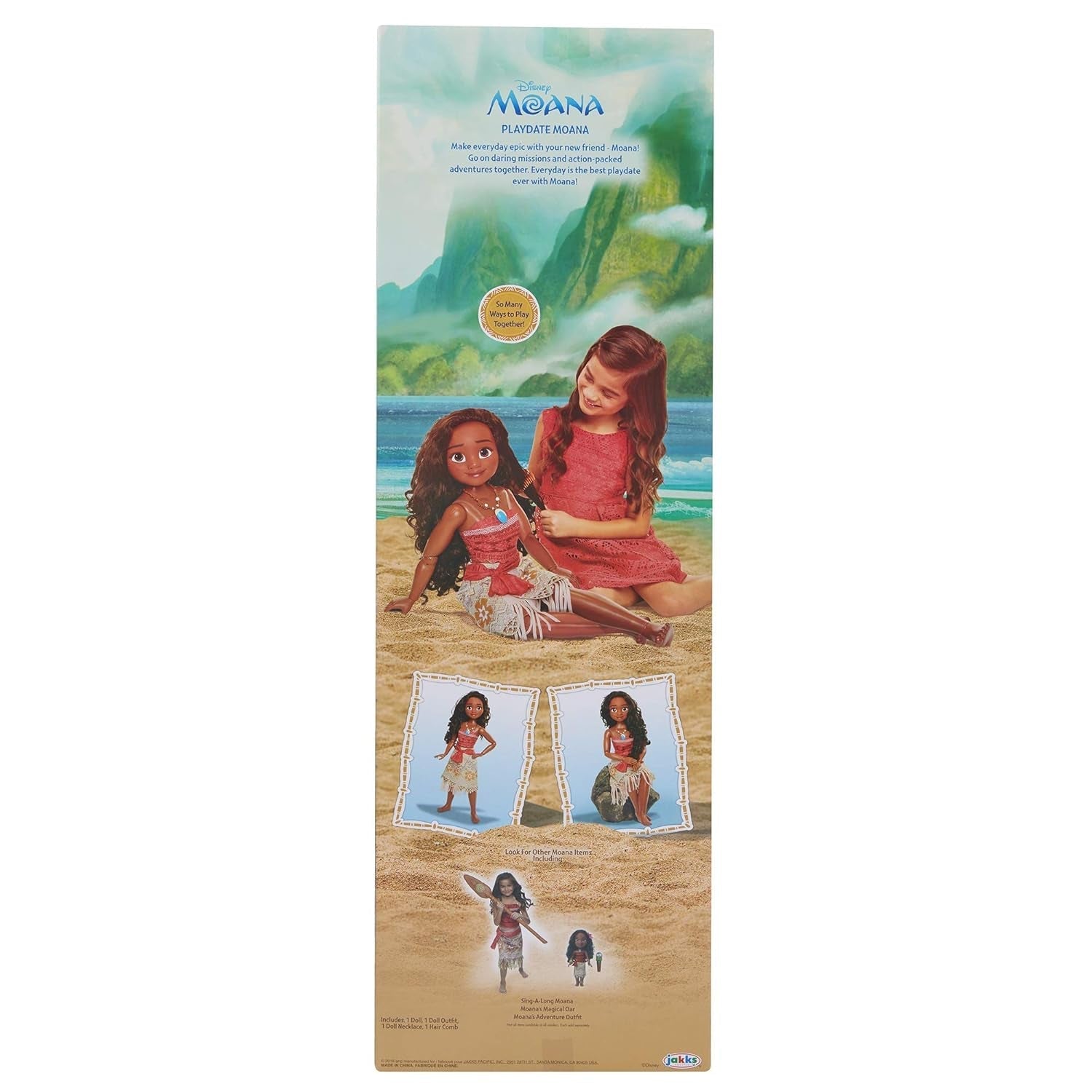 Disney Prinzessin Moana, 80 cm große Spielpuppe von Jakks Pacific, bewegliche Puppe mit Bürste zum Kämmen ihrer gewellten Locken, vom Film inspiriertes Kleid, abnehmbare Anhänger-Halskette, Puppen, Naty Shop