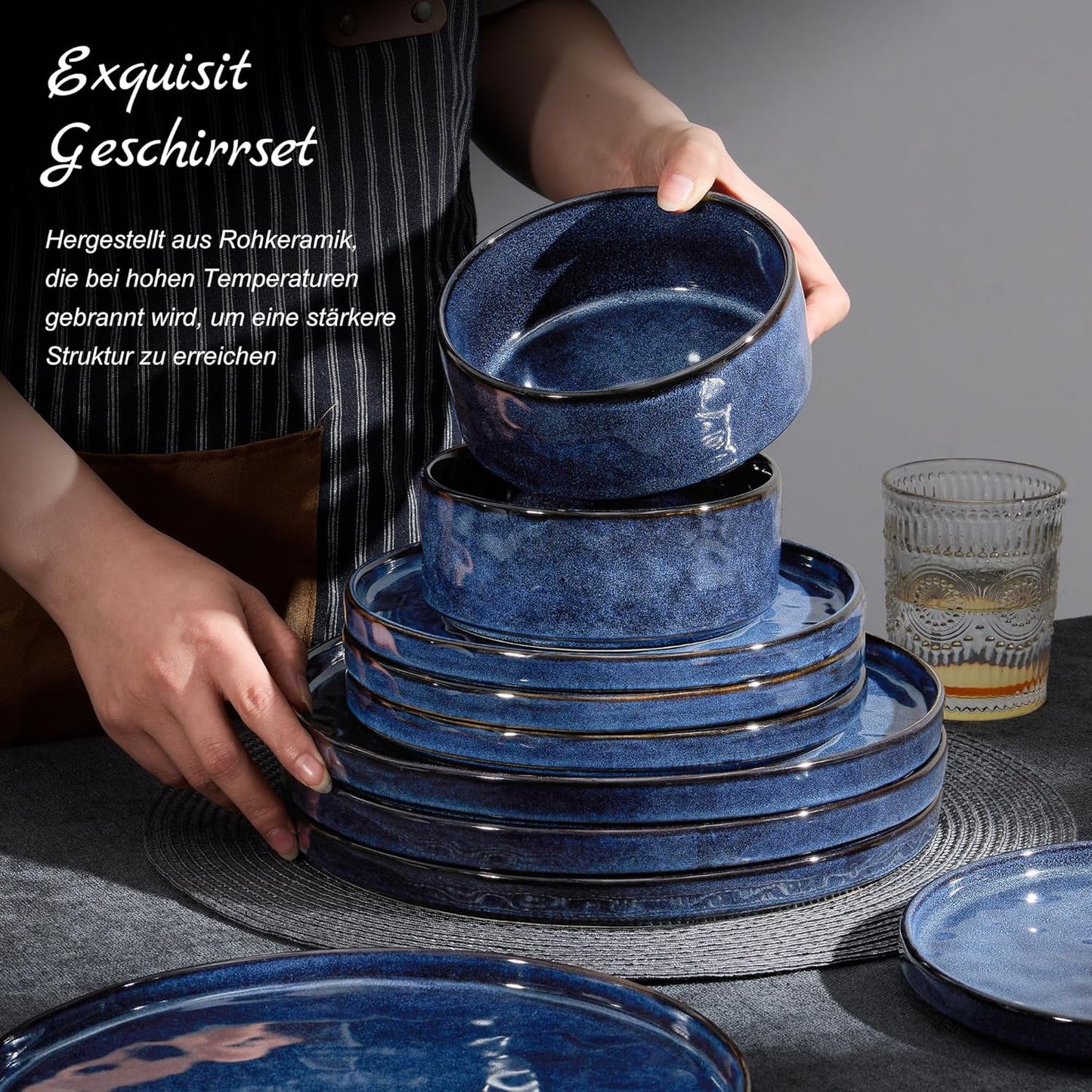 Homikit Geschirrset, 12-teiliges Geschirrset für 4 Personen, Kombiservice mit Tellern, Desserttellern und Müslischalen, mikrowellen- und spülmaschinenfest, elegantes Blau