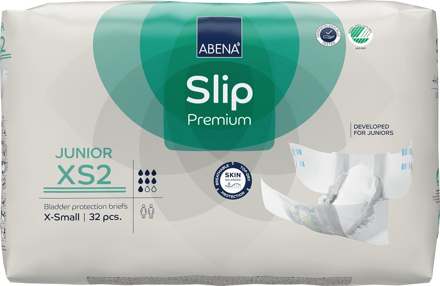 Premium-Slip-Windeln für Junioren, Umweltzeichen, verbesserter Auslaufschutz, sichere und bequeme Babywindeln – Größe 7/XS2, Taillenumfang 40–60 cm, Alter 5–15 Jahre, 1 x 32er-Pack