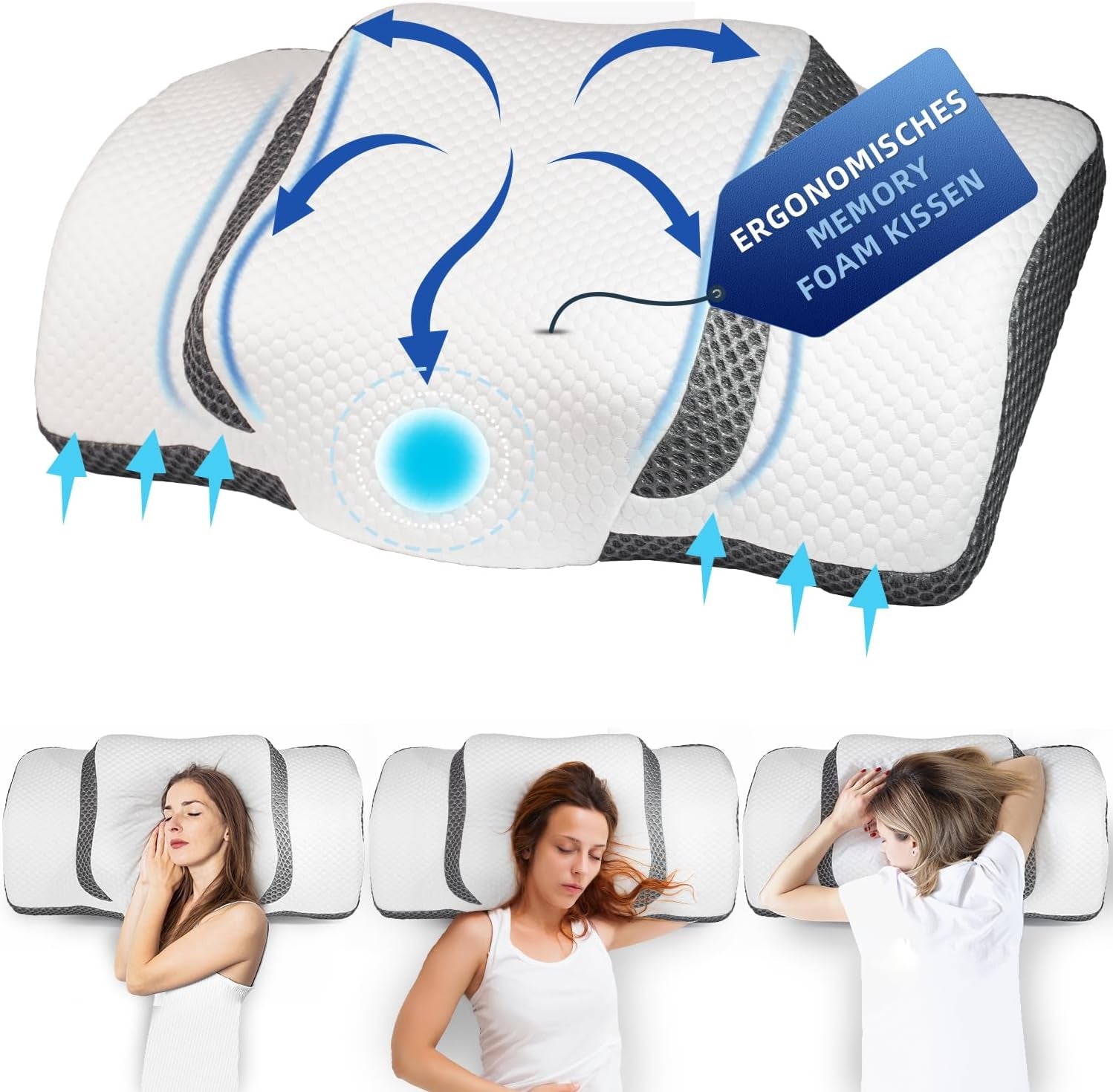 Orthopädisches Kissen, ergonomisches Nackenkissen, Kopfkissen, Original-Memory-Schaum-Kissen für Seiten, Rücken- und Bauchunterstützung, Nackenstützkissen für Männer, Frauen (67,3 x 38,2 x 13,8/3 cm). Orthopädische Nackenkissen Naty Shop Dunkelgrau – Neu