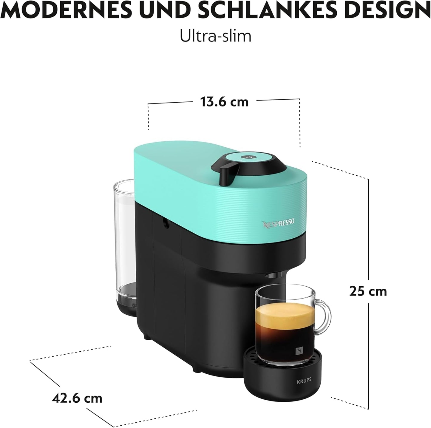 Espressomaschine mit Nespresso Krups Vertuo Pop Kapseln, Fassungsvermögen: 560 ml, automatische Kapselerkennung, One-Touch-System, 4 Tassengrößen, verkürzte Aufheizzeit, nachhaltig, Aqua Mint, XN9204