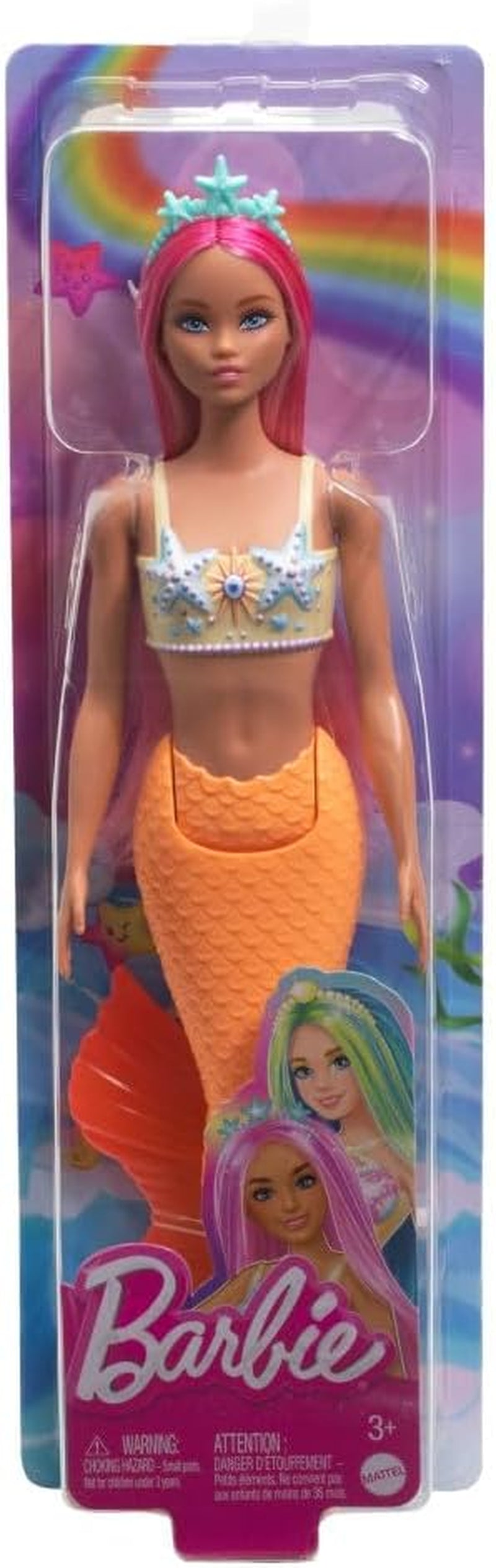 Meerjungfrau-Barbie-Puppe mit schickem rosa Haar und Stirnband, Seesternkopf-Puppe und weicher orangefarbener Schwanzflosse, HRR05