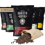 Ganze Bohnenkaffee-Probierset 5 x 350g | Entdeckungspaket Kaffeebohnen im Geschenkset | Arabisch | Fairer Handel | Vegan | Ideal für automatische Espressomaschinen, Filter-Espressomaschinen, Pour-Over-Espressomaschinen und French Press | KÖNIGLICHER BARISTA