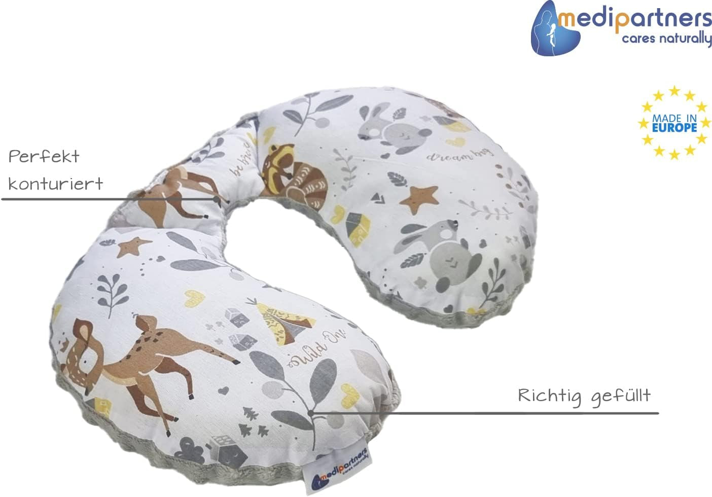 Medi Partners Baby-Nackenkissen, Nackenstütze, 100 % Baumwolle/Minky, Baby-Nackenkissen für Auto, Kinderwagen, Reisen, Reisen, Schlafen, Nackenkissen, Schlummerrolle (REH mit grauem Minky), orthopädische Zervikalkissen, Naty Shop