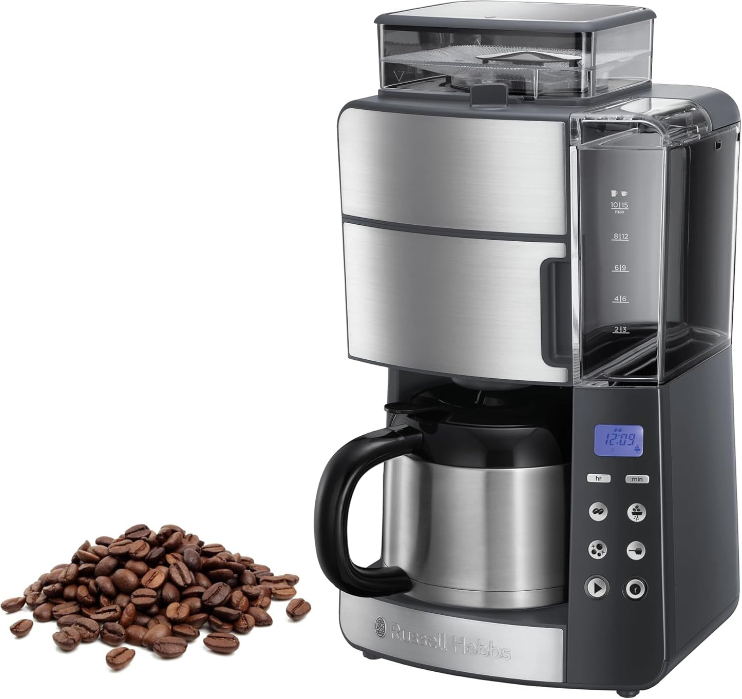 Russell Hobbs Kaffeemaschine mit Mahlwerk und Thermokaraffe [Digitaler Timer, Duschkopf für optimale Extraktion und Aroma] Grind&Brew (1–10 Tassen, 3 Mahlgradeinstellungen) Filterkaffeemaschine 25620-56