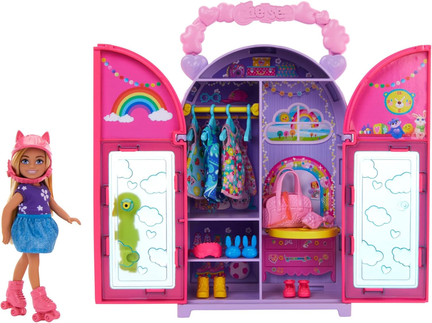 Barbie Chelsea-Puppe und Kleiderschrank-Spielset mit Kleidung und Zubehör, 17-teiliges Set, faltbar zum Spielen und Aufbewahren auf Reisen, HXN03 Naty Shop Dolls Standardtitel