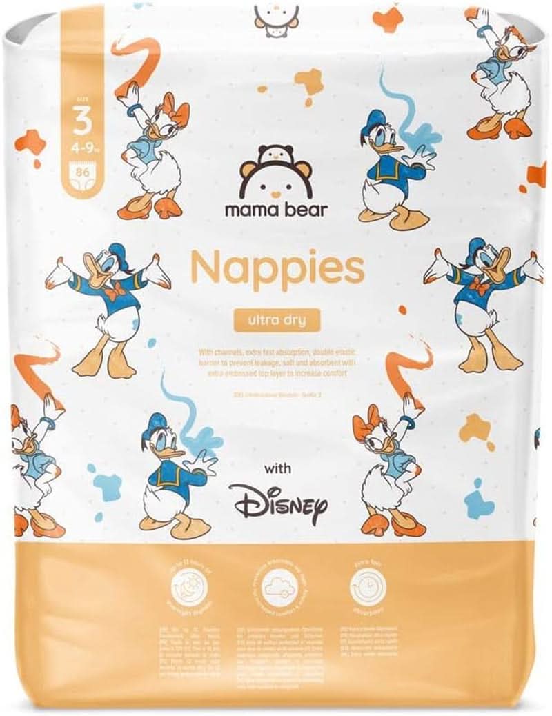 Mama Bear Disney Ultra Dry Windeln, Größe 4 (8–14 kg), Weiß, 84 Stück (1 Packung). Naty Shop Größe 3 (4–9 kg), Einzelpackung