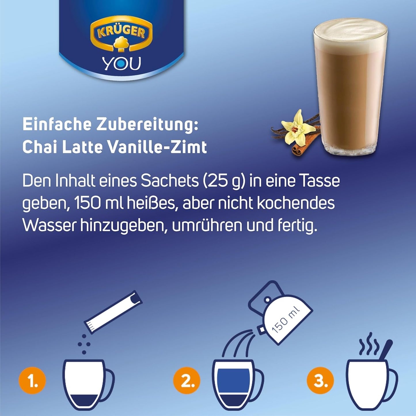 KRÜGER YOU Chai Latte Vanille-Zimt, Instantzubereitung für Milchgetränke, aromatisiert mit Vanille und Zimt, 250 g (10 Beutel à 25 g)