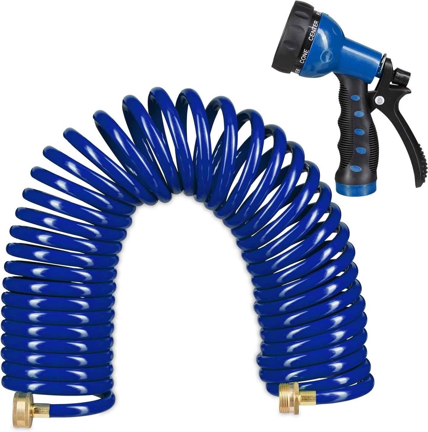 Relaxdays Spiralschlauch, ausziehbar bis 10 m, flexibler Gartenschlauch mit Wasserbrause, 7 Sprühmuster, blau, 25 x 52 x 15 cm