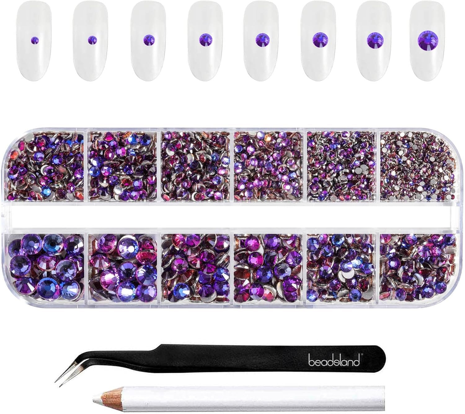 Beadsland 2500 Stück Glas Nailart Strasssteine ​​​​Kristall Flatback Edelsteine ​​​​Runde, ​​Für Handwerk Gemischt 8 Größen SS4 ~ SS30 Mit Picking Pinzette Und Stift (Kristall Weiß)
