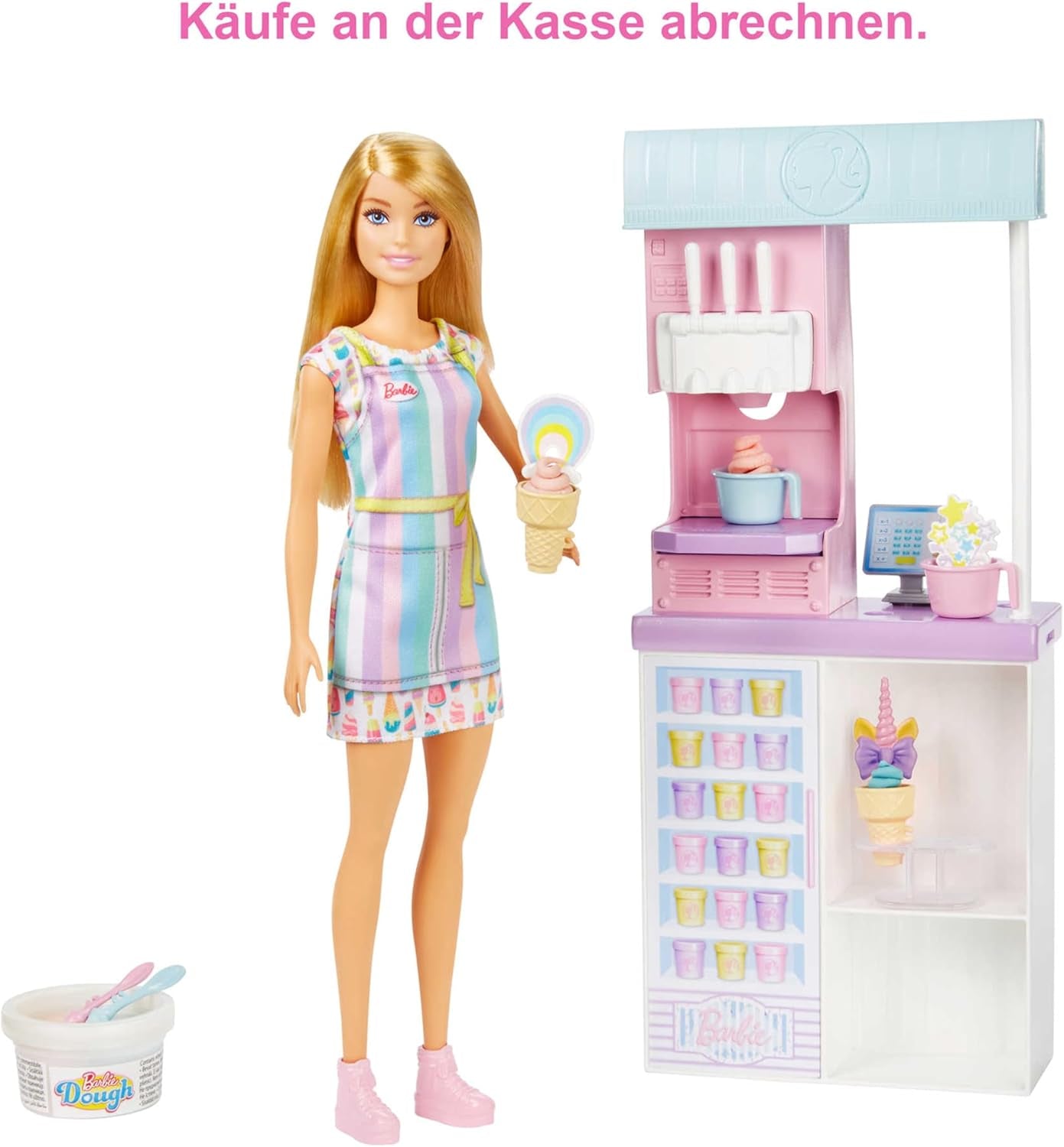 Barbie-Serie „You Can Be Anything“, Eisdiele, 1 Barbie-Puppe mit blonden Haaren, Eismaschine, Barbie Play-Doh, Backzubehör, Kindergeschenk, Spielzeug ab 3 Jahren, HCN46