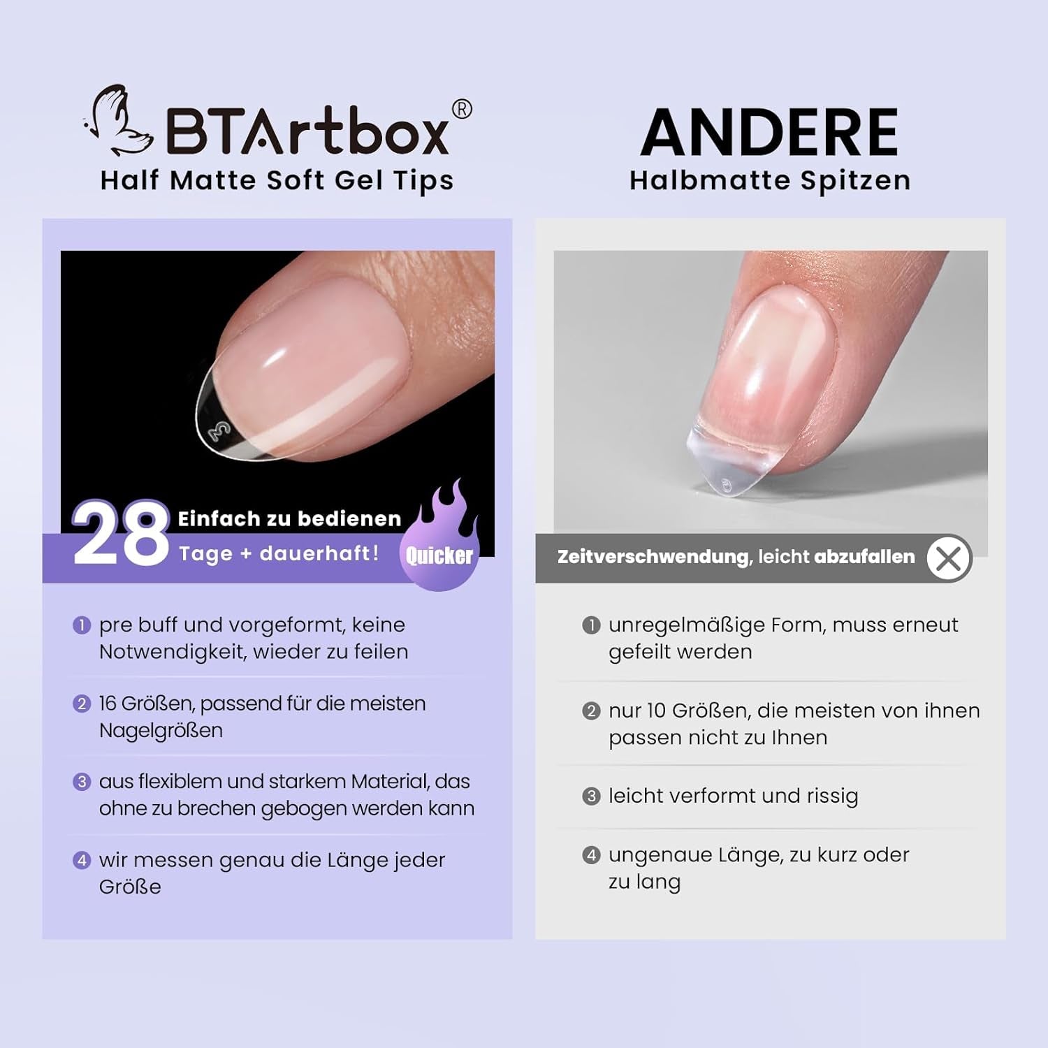 Btartbox Extra kurze Mandel-Nagelspitzen – Volldeckende Gel-X-Soft-XS-Gel-Nagelspitzen – Vorgeformte Halbmatte für breite Nägel Salon 320 Stück