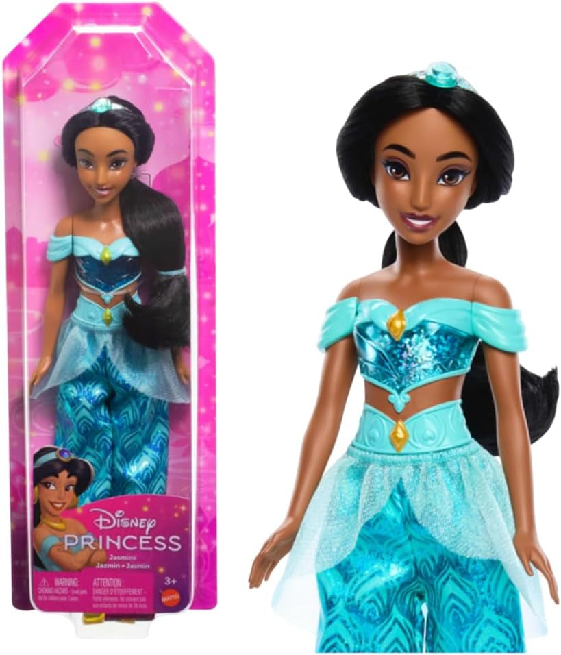Mattel Disney Princess Toy Jasmine bewegliche Modepuppe mit glitzernder Kleidung und Accessoires, von Disney-Filmen inspiriertes Geschenk für Kinder HLW12