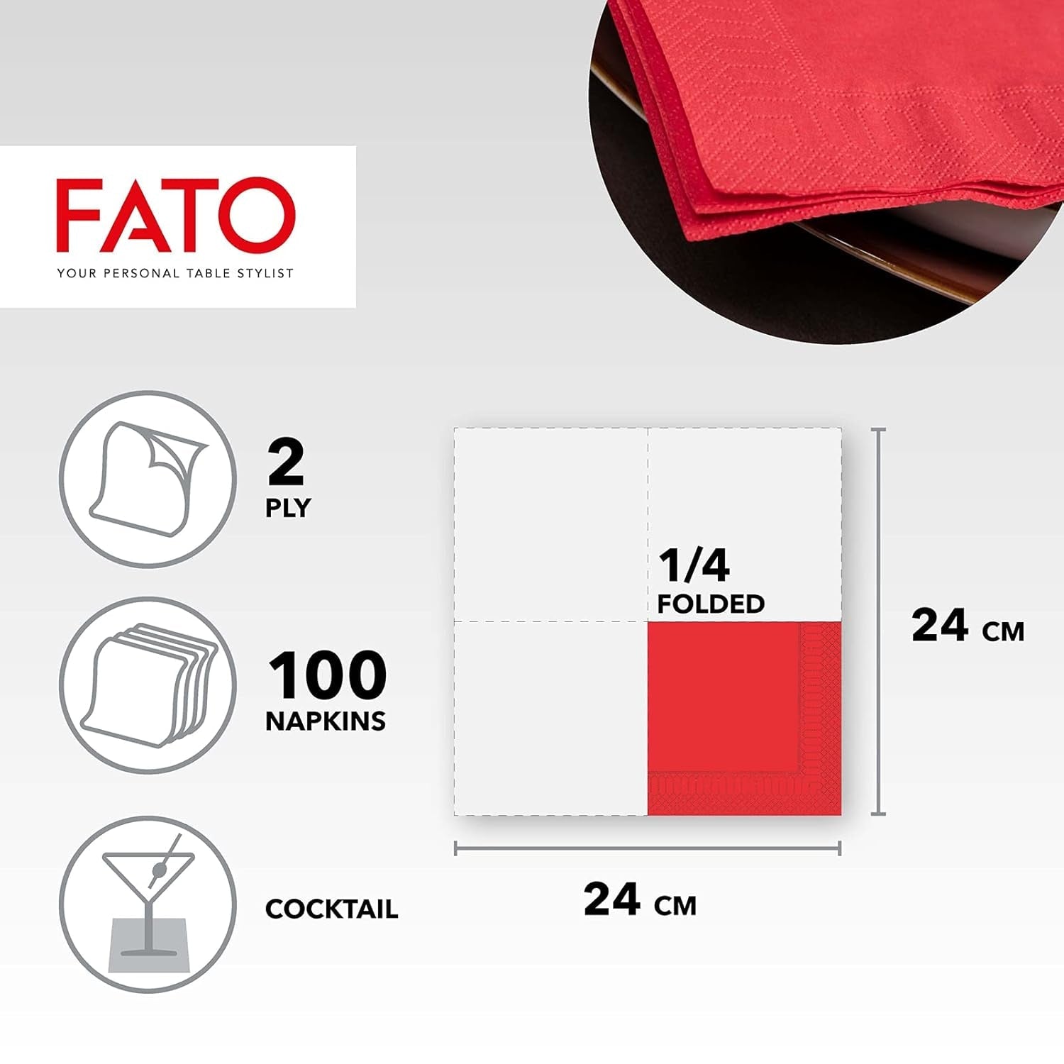 - Einweg-Papierservietten, ideal für Vorspeisen und Cocktails, Packung mit 100 Servietten, Größe 24 x 24, 4-fach gefaltet, 2 Schichten, rote Farbe, 100 % reines Zellulosepapier, FSC-zertifiziert