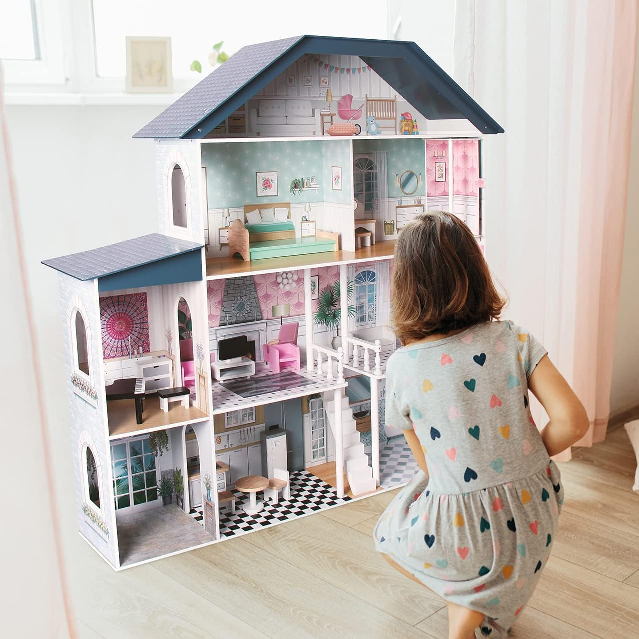 Deqube 913D00016 Puppenhaus aus Holz, 4 Etagen, Premium