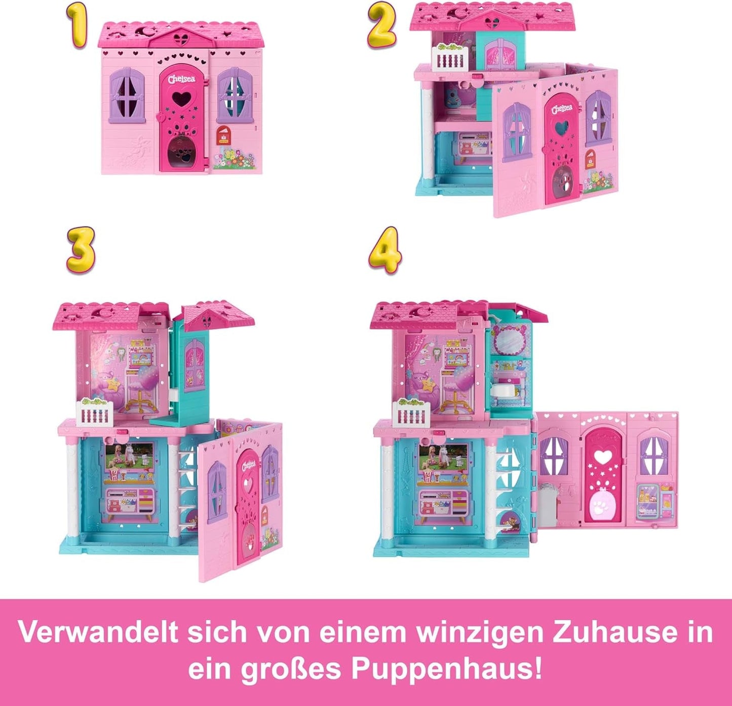 Barbie Chelsea-Puppenhaus mit mehr als 15 Zubehörteilen, Pop-up-Haus erweiterbar auf über 42 x 33 cm mit 5 Spielbereichen und einer Rutsche, mit einer kleinen Puppe und einem Hund, JFW49