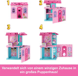 Barbie Chelsea-Puppenhaus mit mehr als 15 Zubehörteilen, Pop-up-Haus erweiterbar auf über 42 x 33 cm mit 5 Spielbereichen und einer Rutsche, mit einer kleinen Puppe und einem Hund, JFW49
