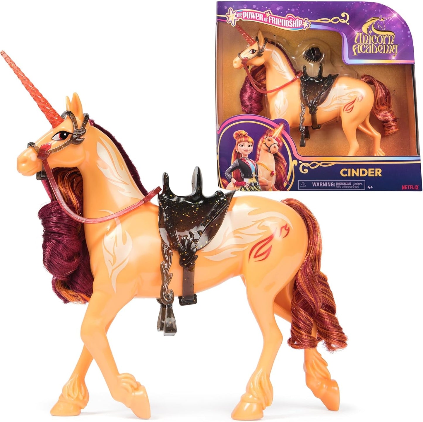 Unicorn Academy Cinder das Einhorn – 28 cm großes, originales Valentina-Einhorn aus der Netflix-Serie, mit echter Mähne und Schweif, abnehmbarem Zaumzeug, Sattel und Bürste, für Kinder ab 4 Jahren