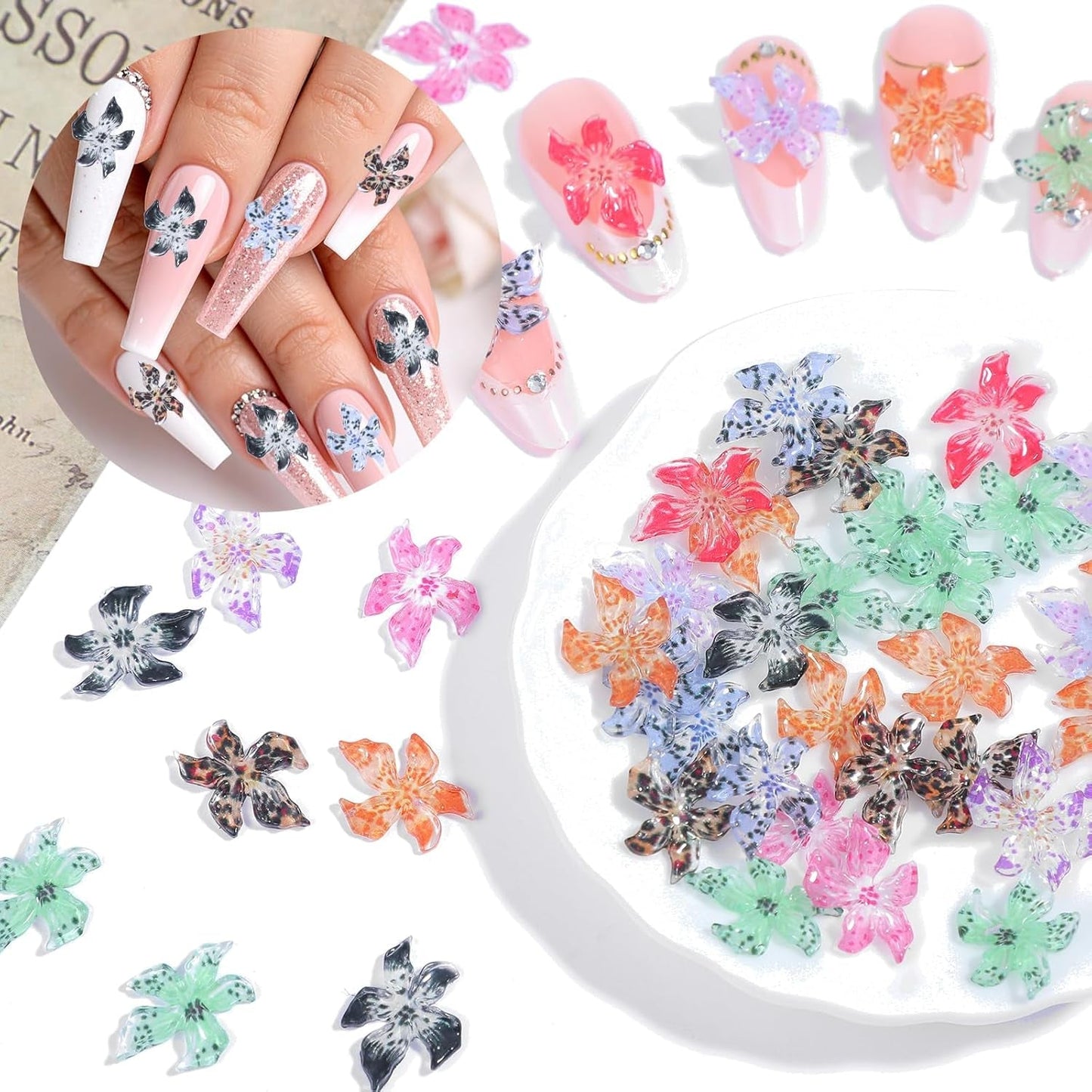 50 Stück 3D Blumen Nägel Nail Charms Bunt Gelee Weich Kleber Lilie Blume Blume Nagel Hibiskus Zubehör Nageldesign Eis Kristall Geprägt Farbverlauf Lilien Für Mädchen Frauen Diy Basteldekoration