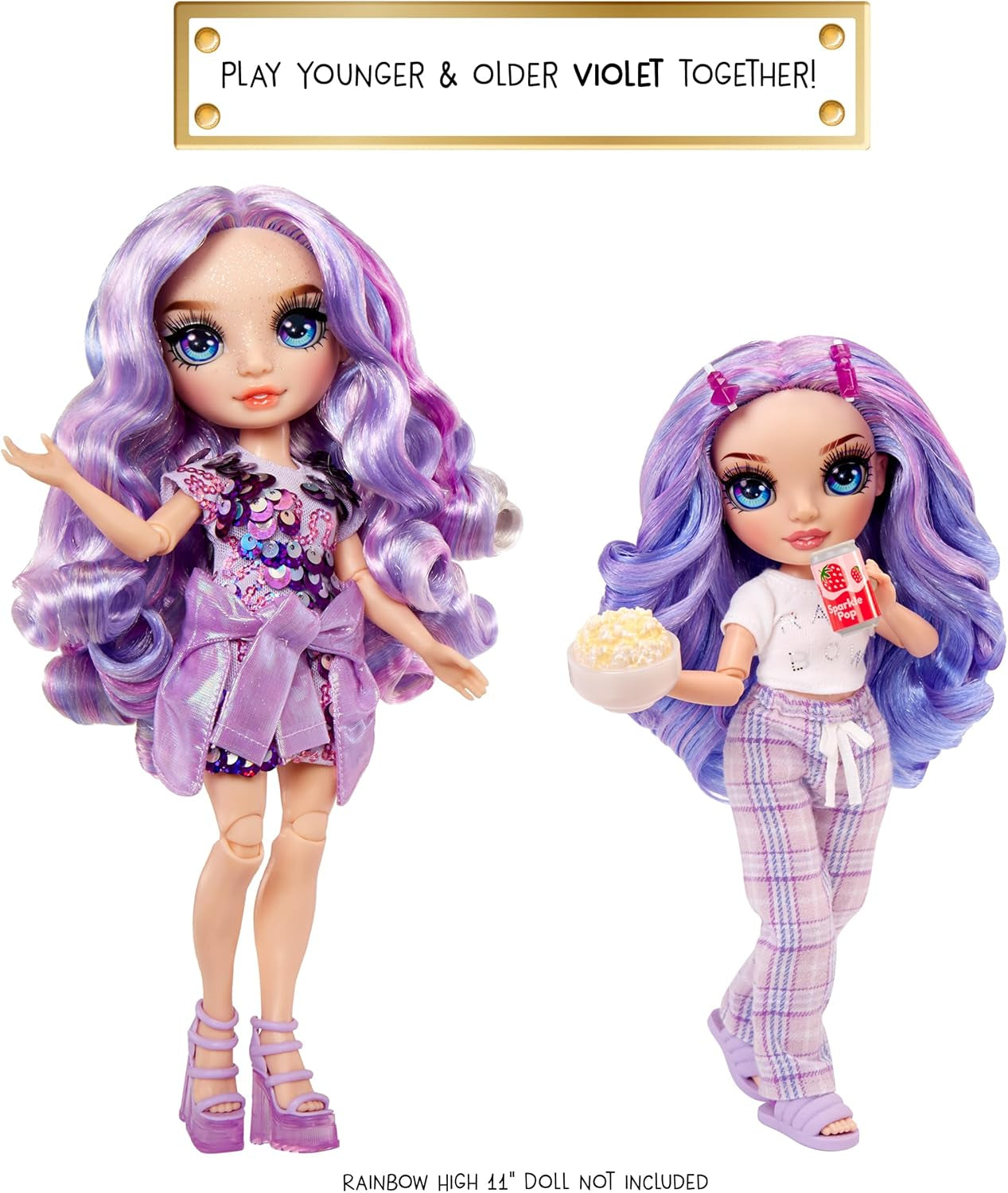 Rainbow High Junior High PJ Partypuppe – Violett – 22 cm mit weichem Overall, Hausschuhen und Spielzubehör – Kinderspielzeug – Ideal für 4–12 Jahre