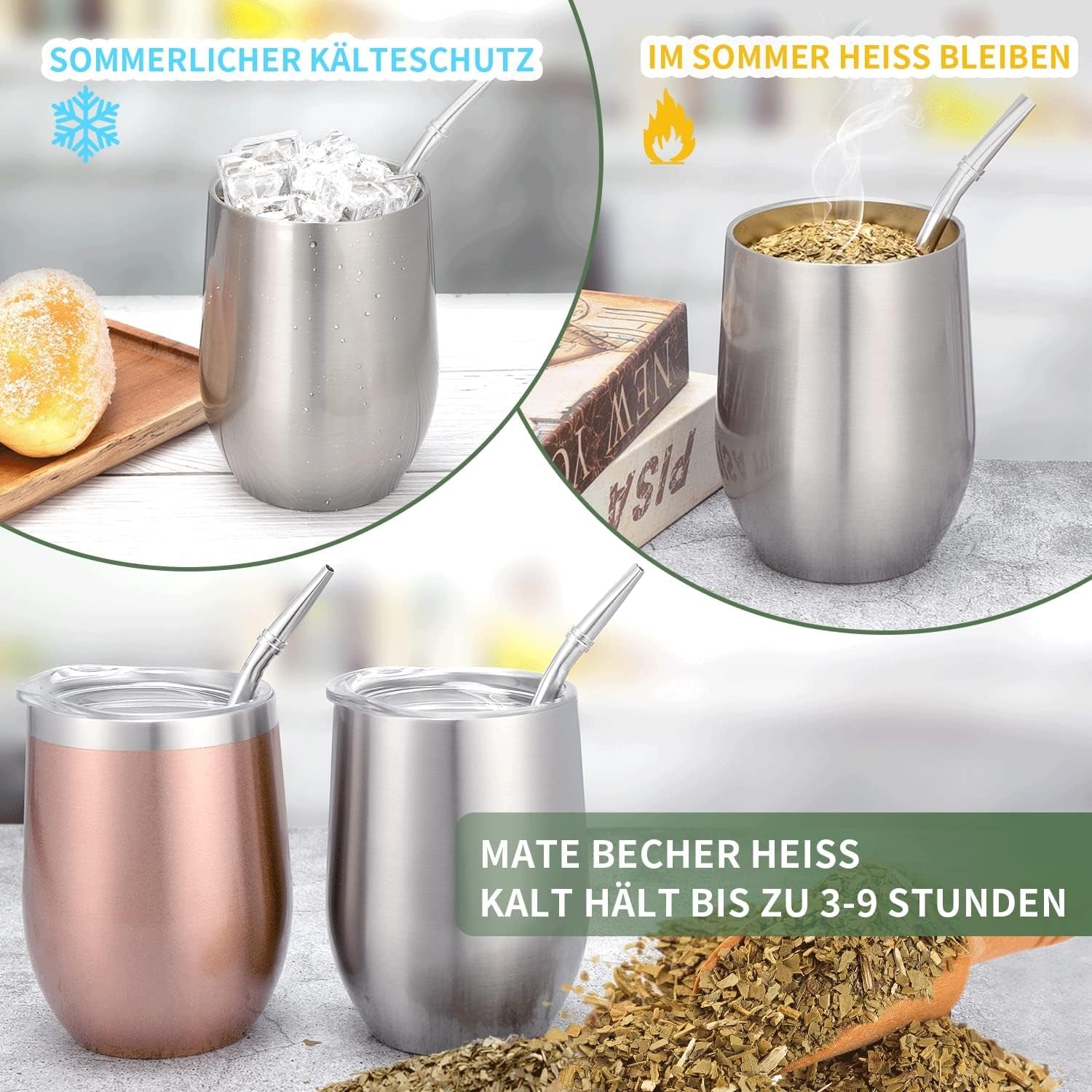 Moderner Mate-Becher 340 ml, isoliertes doppelwandiges Edelstahl-Yerba-Mate-Becher-Set, Mate-Teebecher mit BPA-freiem Deckel, Bombillas und einer Reinigungsbürste (Silber)