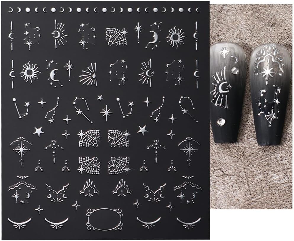 3D-Nagelaufkleber, silberfarben, metallisch, Nagelaufkleber für Frauen, Stern, Mond, Sonne, Nagelfolie, selbstklebende Aufkleber, Schmetterlings-Nagelaufkleber, Nagelaufkleber, Nageldesign-Zubehör, 8 Stück