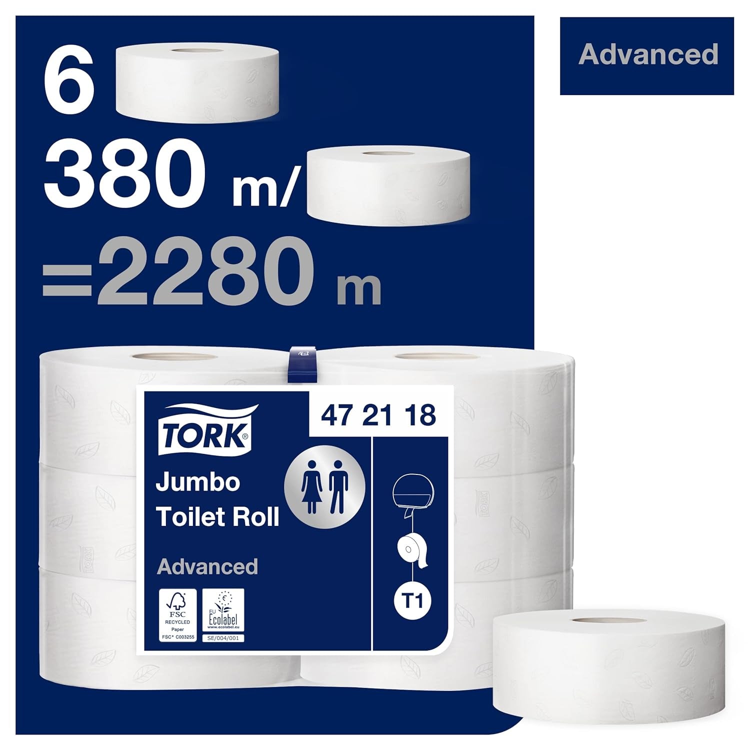 Toilettenpapier Tork Jumbo White T1, Advanced, 2 Schichten, 6 × 380 M, 472118