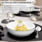 SANGER | Marlo Geschirrset mit schwarzem und weißem Rand, 18-teiliges Porzellangeschirrset für 6 Personen, Weiß mit schwarzen Akzenten, Speiseteller, Dessertteller und Schüsseln, modernes Design | DIE PREMIUM-KOLLEKTION