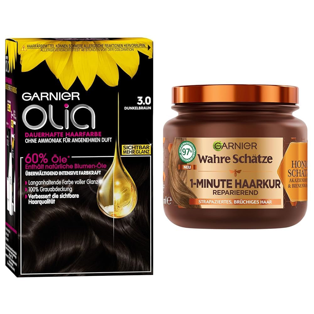 Garnier Farb- und Pflegeset: Olia 3.0 Dunkelbraune permanente Haarfarbe + reparierende Haarkur (340 ml) | Mit Akazienhonig und Bienenwachs für Glanz und Geschmeidigkeit | Ammoniakfreies Haarfärbemittel Naty Shop Standardtitel