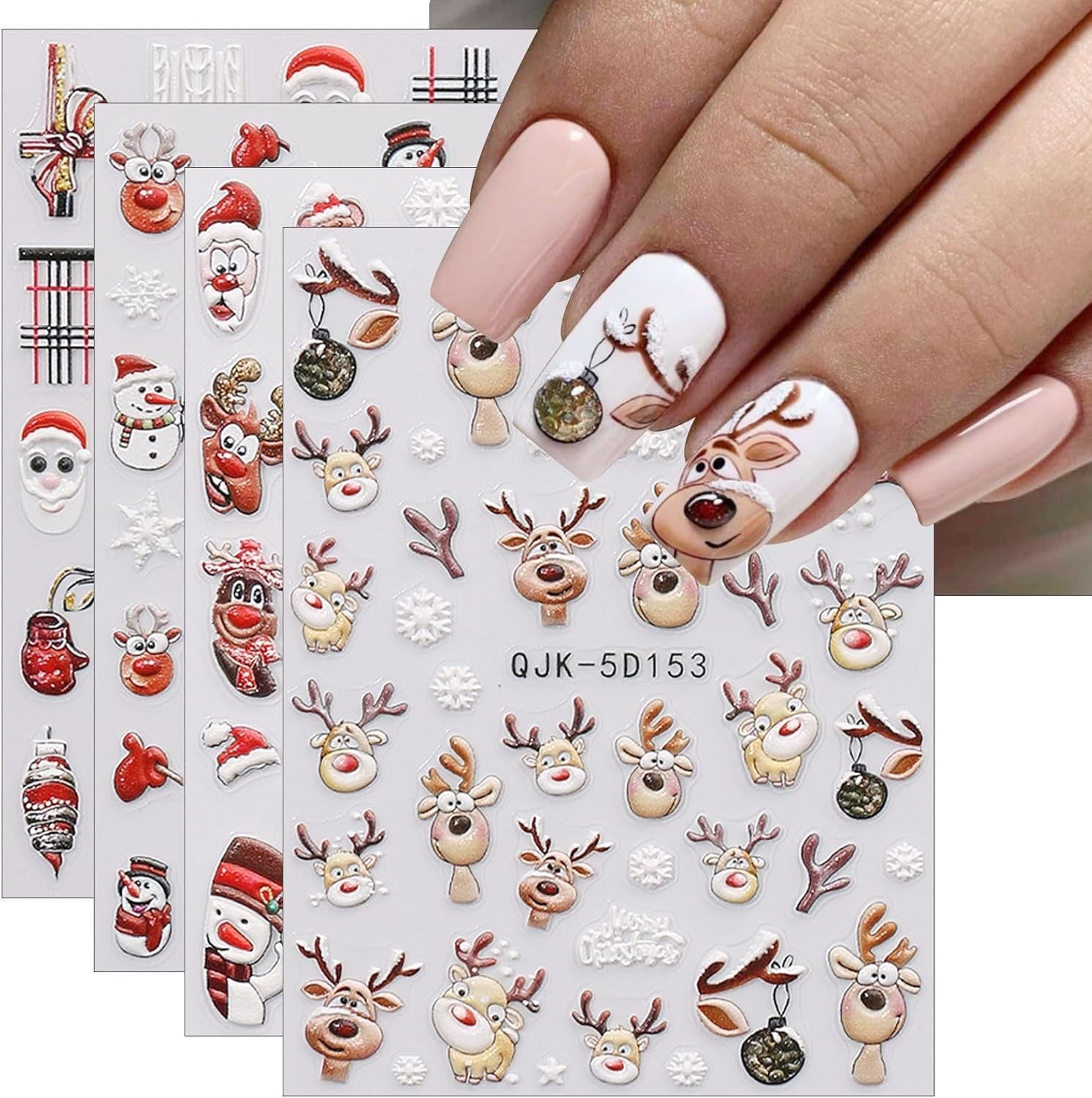 JMEOWIO 3D Nagelsticker Weihnachten Nail Art Sticker Selbstklebend Nagelaufkleber 5D Stereoskopisch Schneeflocke Xmas Winterurlaub Niedliche Dekoration Nageldesign Zubehör 4 Blatt