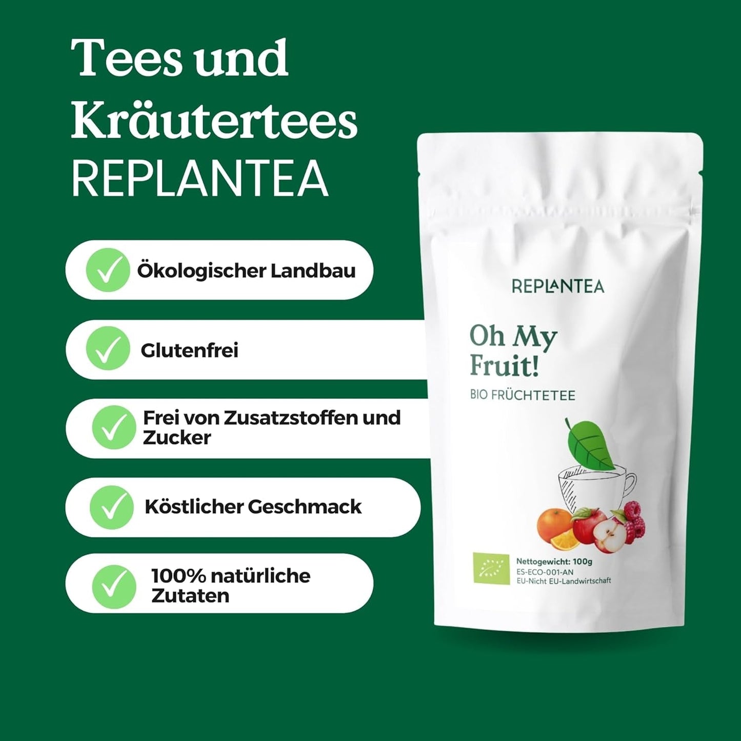 Oh My Fruit BIO Früchtetee 100 g (50 Tassen) | Loser Früchtetee mit Äpfeln, Hibiskus, Himbeeren, Orangen und Steviablättern REPLANTEA