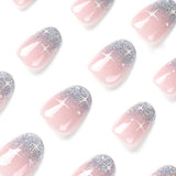 24 Stück French Press On Nails, kurz, glänzend, silberfarbenes Design, ovale künstliche Nägel, zum Aufkleben auf Acryl, glänzende Nägel, falsche Nägel für Frauen und Mädchen