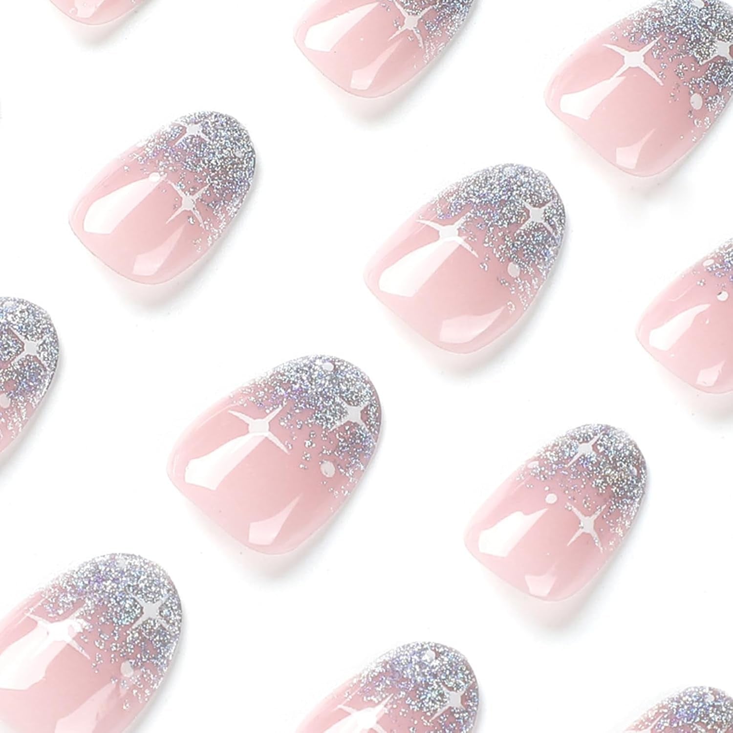 24 Stück French Press On Nails, kurz, glänzend, silberfarbenes Design, ovale künstliche Nägel, zum Aufkleben auf Acryl, glänzende Nägel, falsche Nägel für Frauen und Mädchen