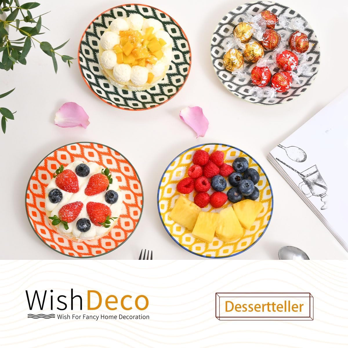 Kuchenteller, 6er-Set; kleine Dessertteller (15 cm); Salatteller aus Porzellan; bunte Teller zum Frühstück; Miniteller für Nudeln, Obst, Brot