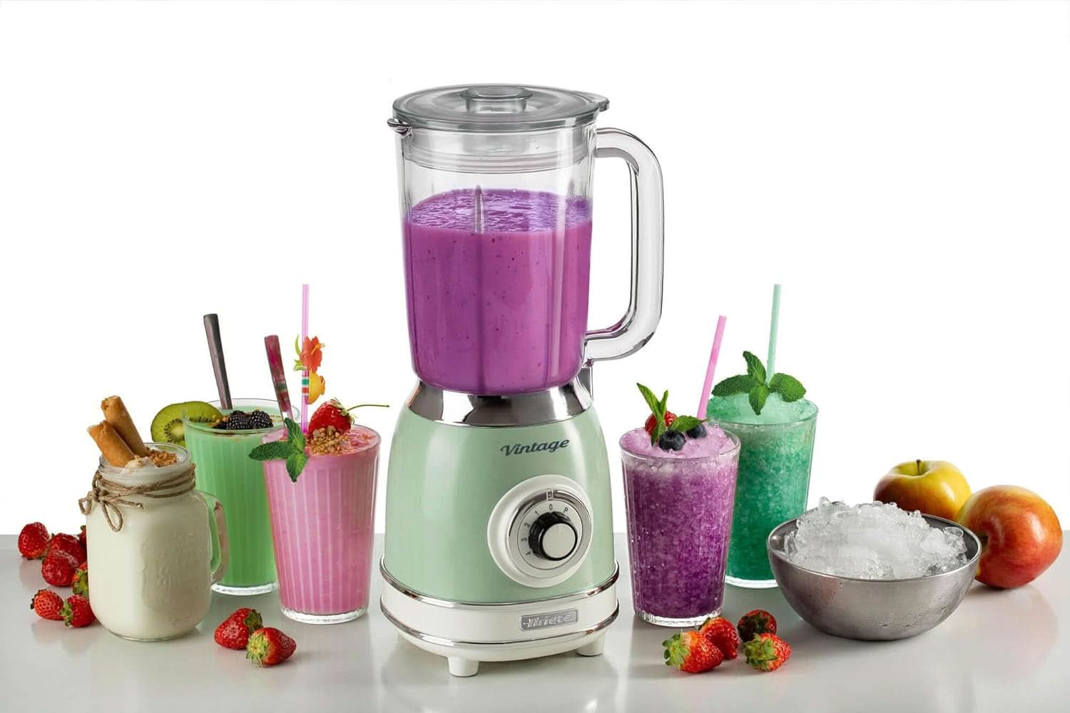 Ariete Vintage 583 Mixer Aus Glas, Retro Multifunktionsmixer Mit 4 Klingen, 4 Geschwindigkeiten + Pulse-Funktion, Ice-Crusher Funktion, 1,5 Liter Fassungsvermögen, 1000W, Green Kitchen Naty Shop