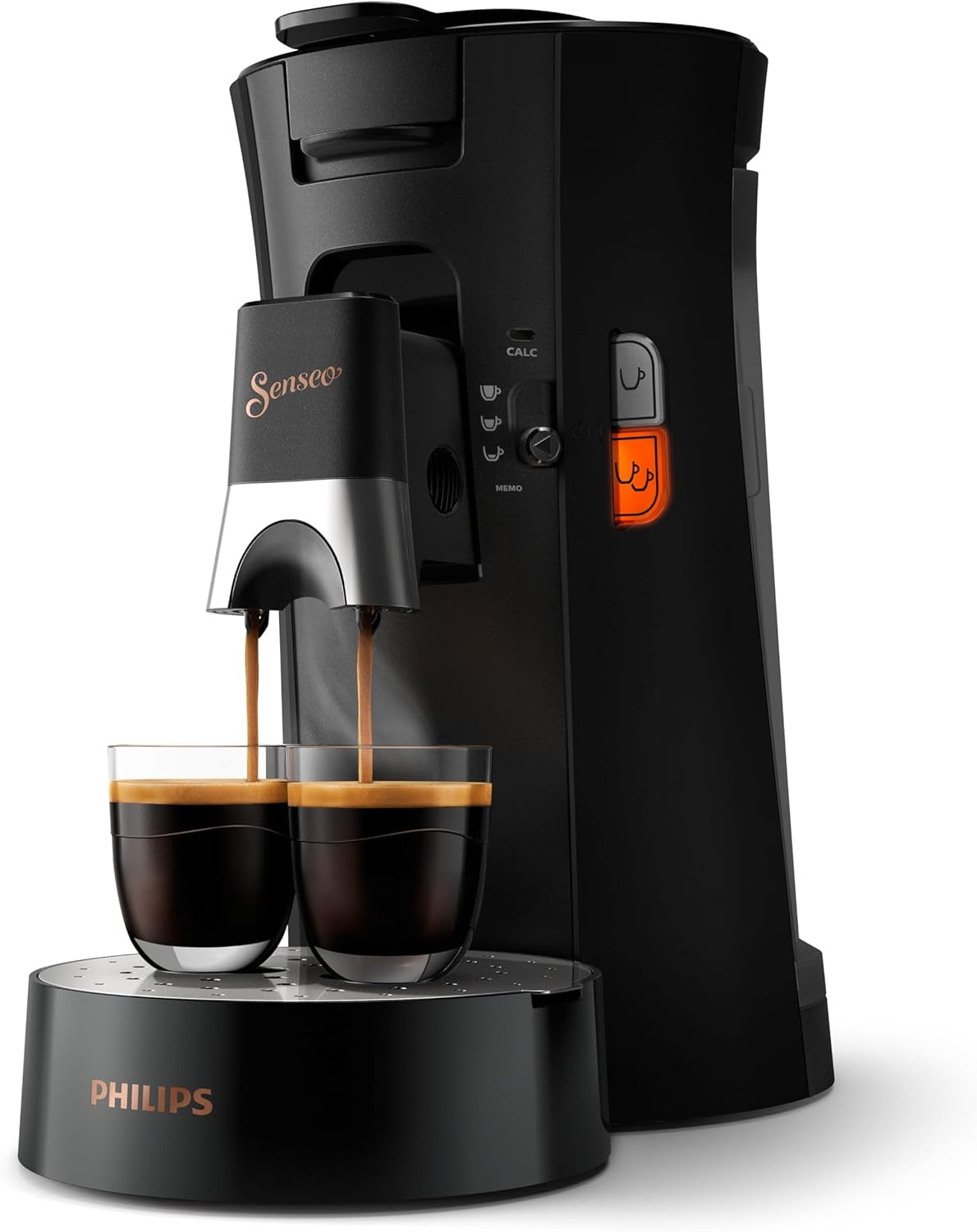 PHILIPS Senseo Select Kapsel-Espressomaschine mit Auswahl der Kaffeeintensität und Memory-Funktion, aus recyceltem Kunststoff, Farbe: Schwarz (CSA240/60)