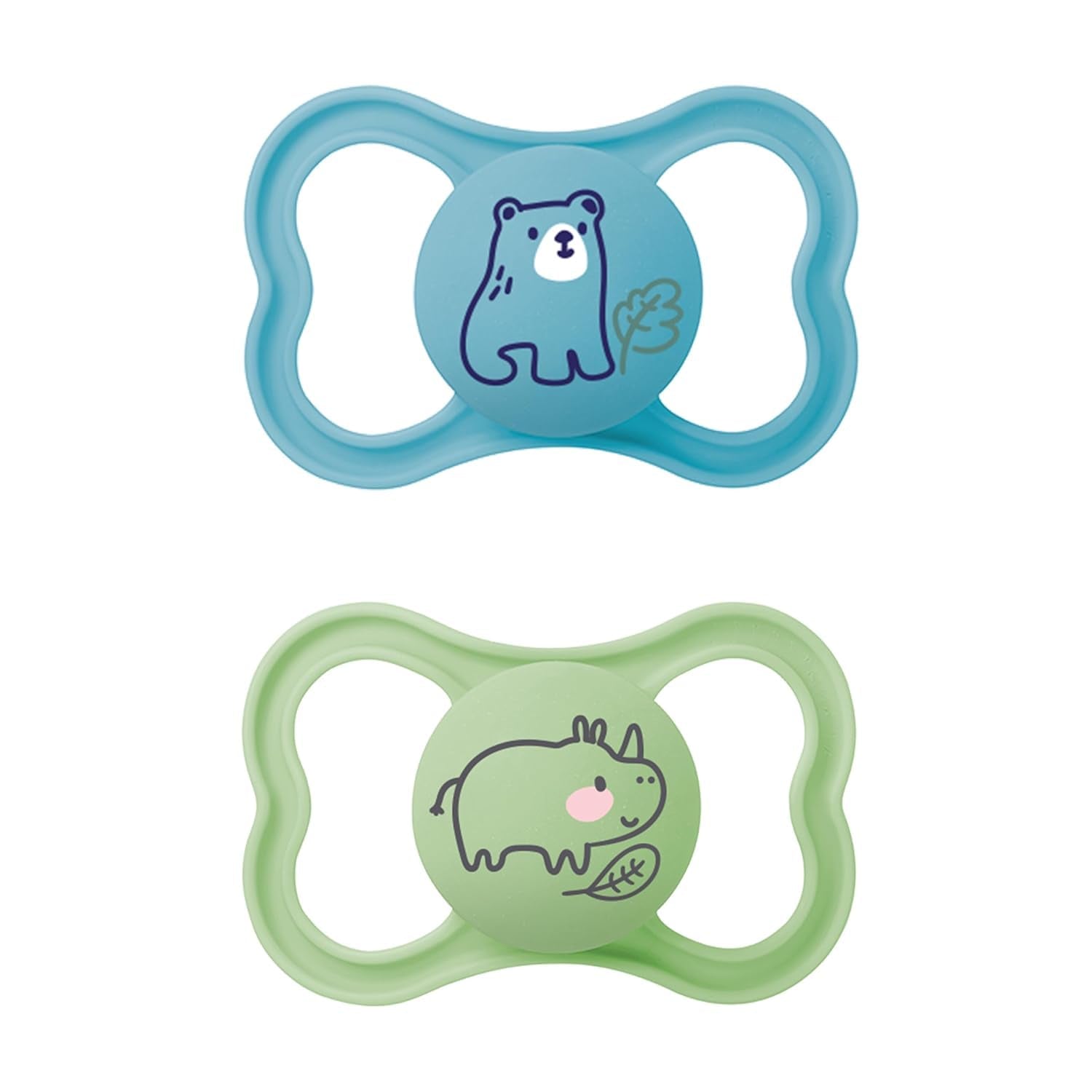 MAM Air Silikon-Schnuller, 2er-Pack, extra leichtes und luftiges Design, zahnfreundlicher Baby-Schnuller aus MAM SkinSoft-Spezialsilikon, mit Schnullerbox, 6-16 Monate, Bär/Nashorn