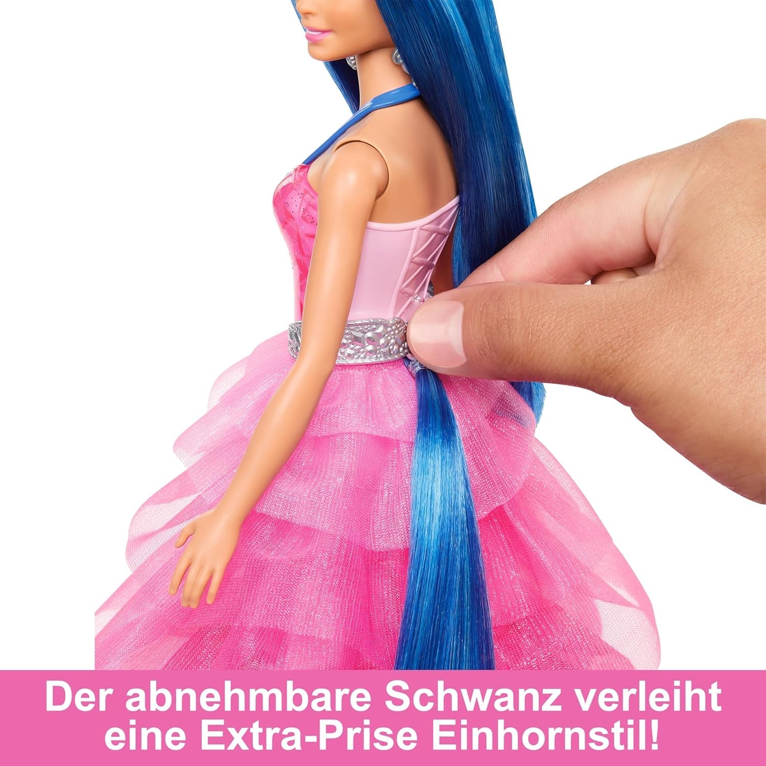 Barbie Hidden Magic – Einhorn-Puppe, rosa Kleid mit saphirblauen Details, Einhorn-Stirnband, abnehmbare Saphir-Flügel und Schwanz, ab 3 Jahren, HRR16