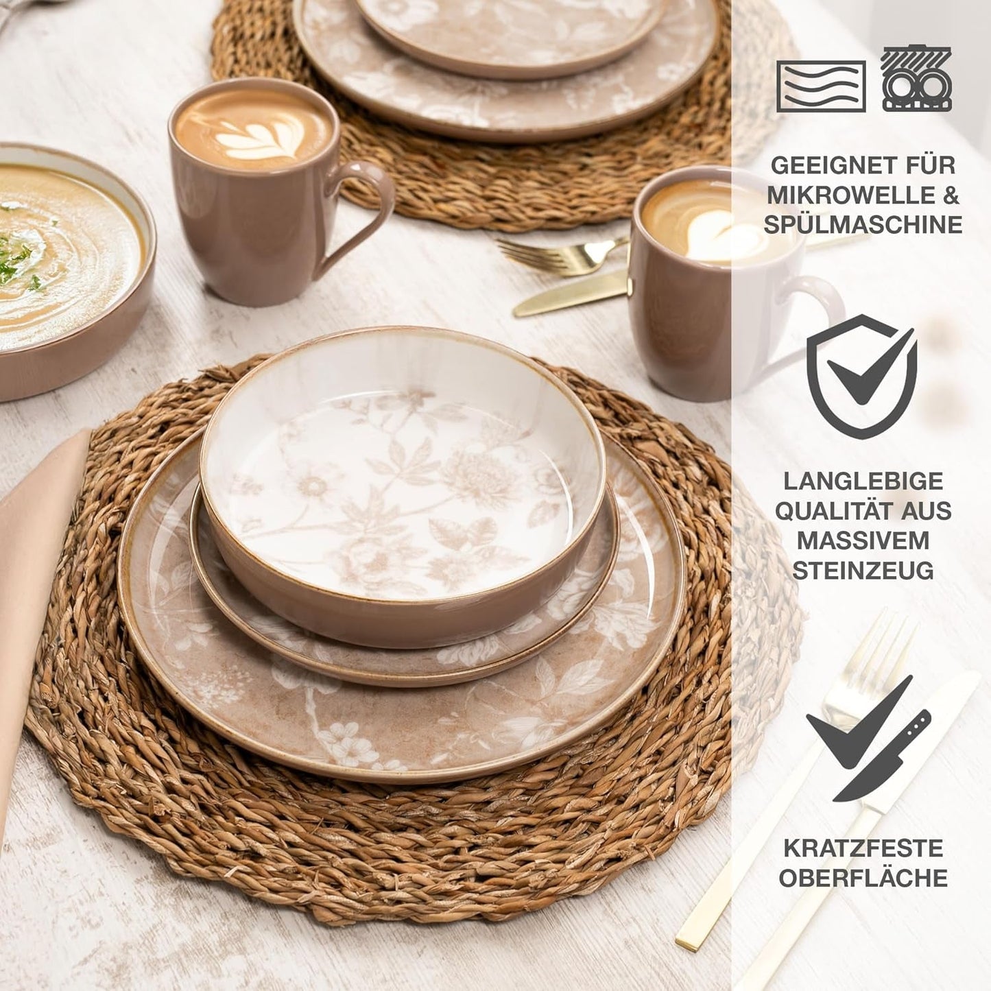 Moritz & Moritz MARIELLA 24-teiliges Steingut-Geschirrset für 6 Personen – Modernes beigefarbenes Geschirr mit verspieltem Design, pflegeleichtes Kaffeeservice mit Tellern, Schüsseln und Tassen – Kombinationsset