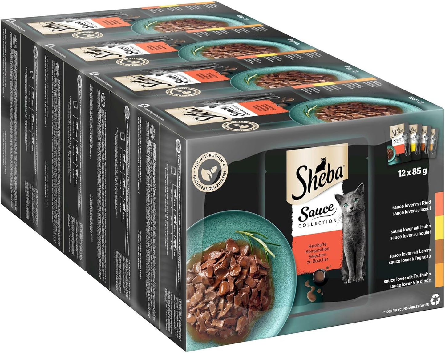 Sheba Sauce Collection Nassfutter für Katzen, Portionsbeutel, salziges Multipack, 4x12x85g
