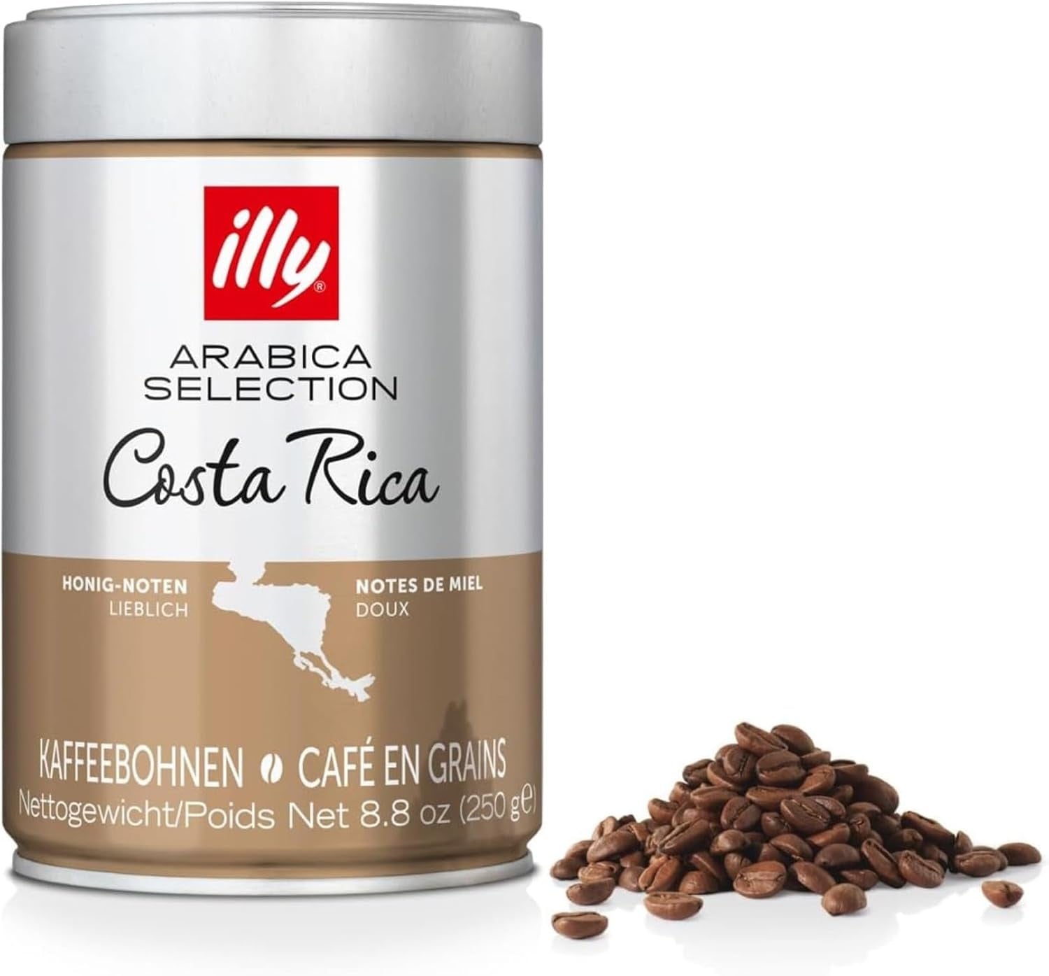 illy, Kaffeebohnen Arabica Selection Costa Rica, 100% Arabica mit Karamell-, Schokoladen- und Vanillenoten, süßer Gesmack, 1 Dose mit 250g